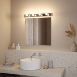 Modern bathroom with round white ceramic sink and stainless steel wall-mounted faucet