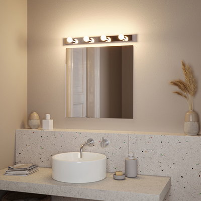 Modernes Badezimmer mit runder weißen Keramik-Waschschale und Wandarmatur in Edelstahloptik