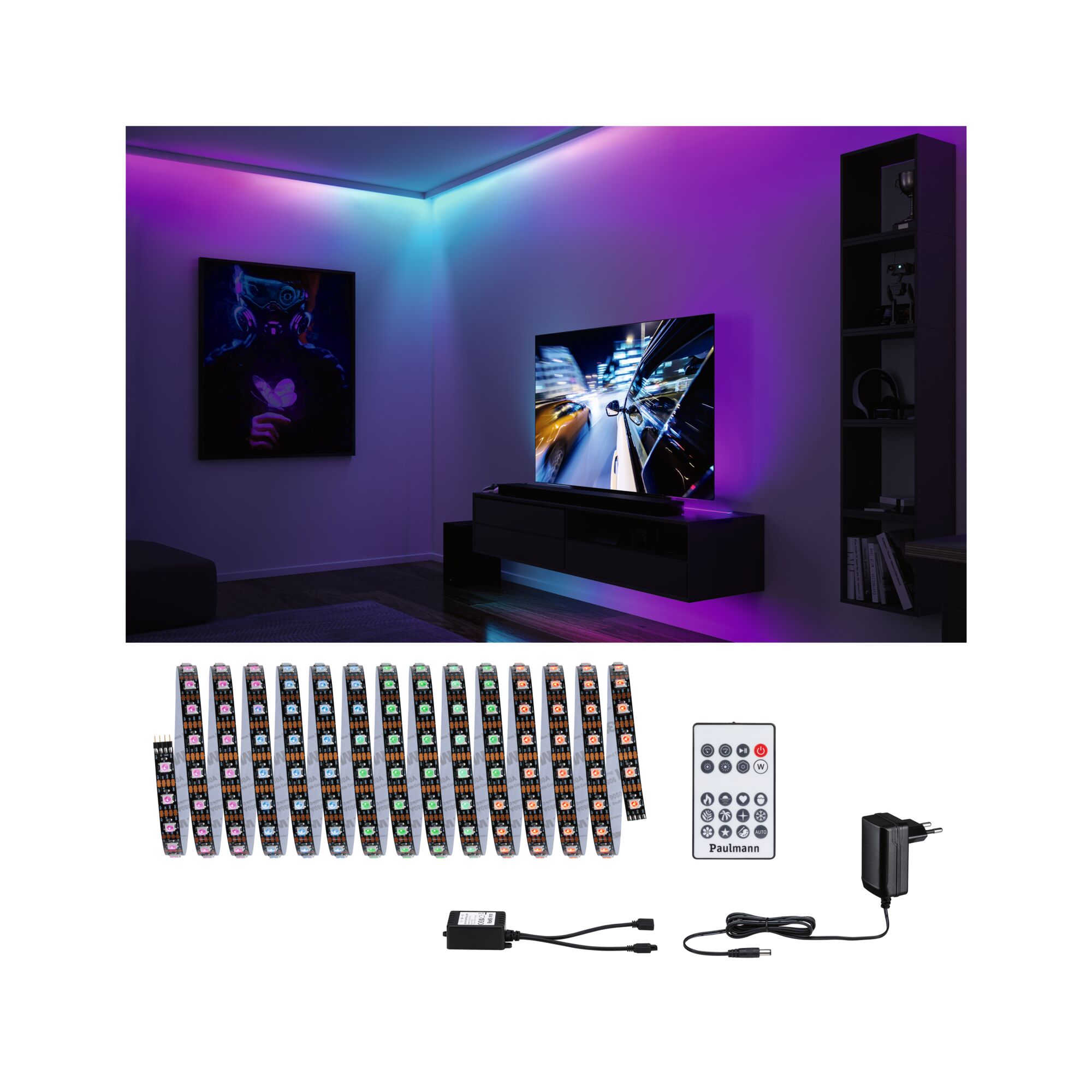 Bande LED RGB avec télécommande et adaptateur pour éclairage d'ambiance dans le salon.
