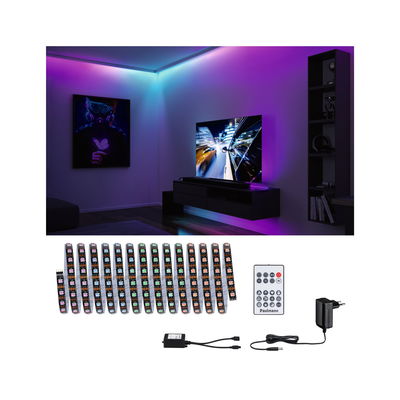 RGB LED strip with remote and power adapter for ambient lighting in living room setups.