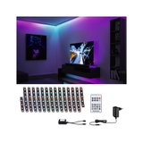 Bande LED RGB avec télécommande et adaptateur pour éclairage d'ambiance dans le salon.