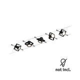 Black LED cable lighting system with five adjustable metal spotlights for modern room illumination