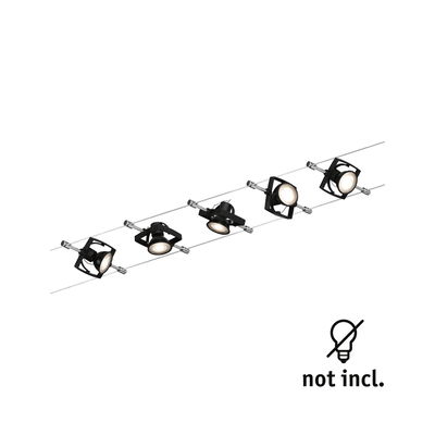 Zwart LED-kabelverlichtingssysteem met vijf verstelbare metalen spots voor moderne kamerverlichting