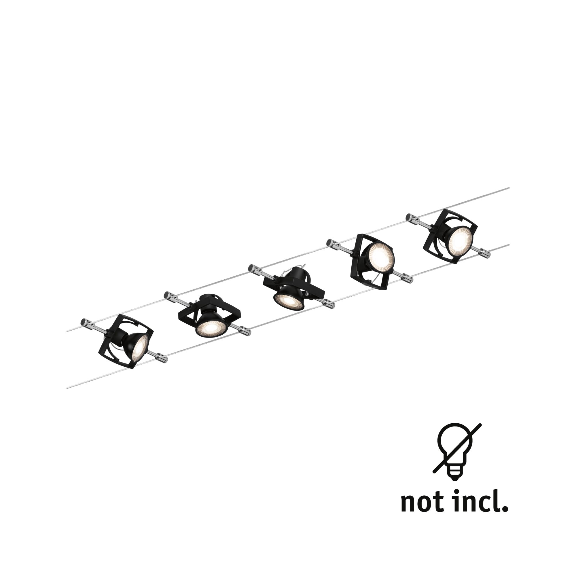 Sort LED-kabelbelysningssystem med fem justerbare metalspots til moderne rumbelysning