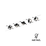 Black LED cable lighting system with five adjustable metal spotlights for modern room illumination