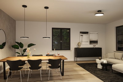 Modern dining room with black pendant and ceiling lights in minimalist design and wooden dining table.