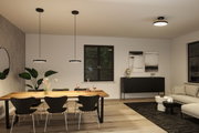 Modernes Esszimmer mit schwarzer Pendelleuchte und Deckenleuchte in minimalistischem Design und Holz-Esstisch.