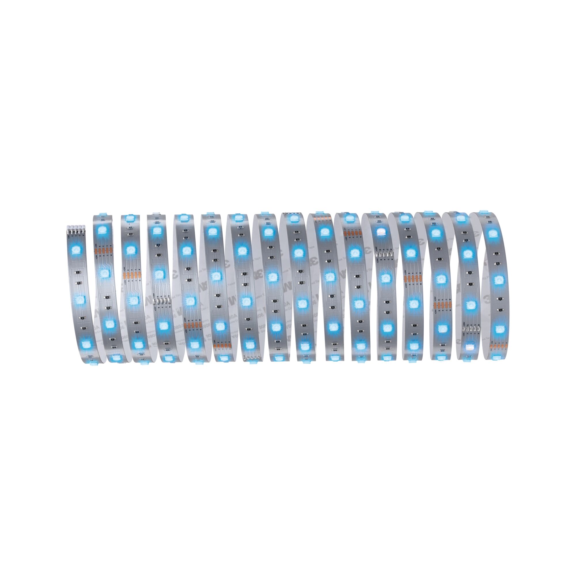 Flexible LED strip with blue lights on white tape for modern lighting design solutions.