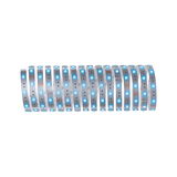 Flexible LED strip with blue lights on white tape for modern lighting design solutions.