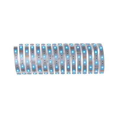 Flexible LED strip with blue lights on white tape for modern lighting design solutions.