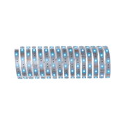 Flexible LED strip with blue lights on white tape for modern lighting design solutions.