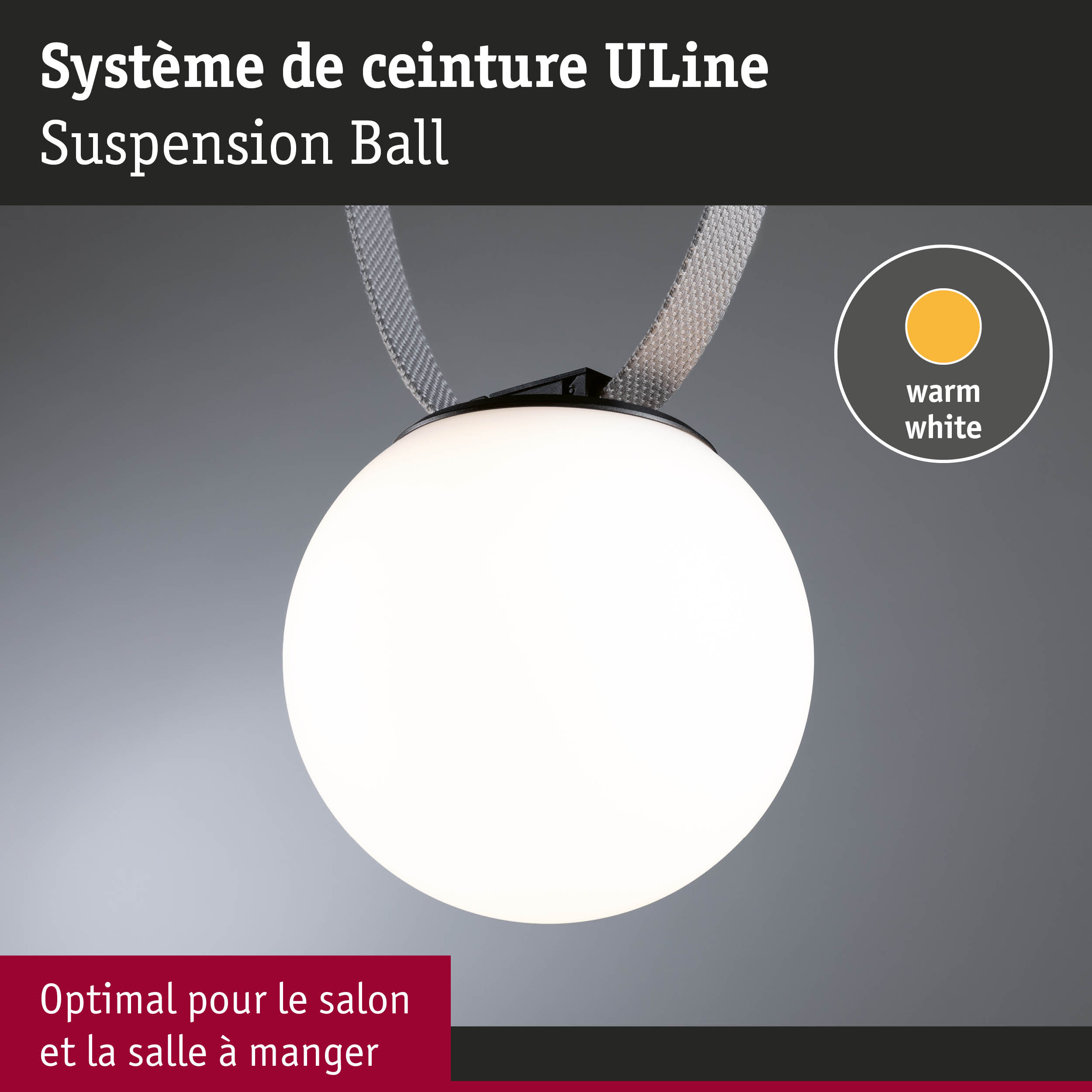 Suspension Uline Suspension Ball avec lumière blanc chaud et câble textile gris, idéale pour salon et salle à manger