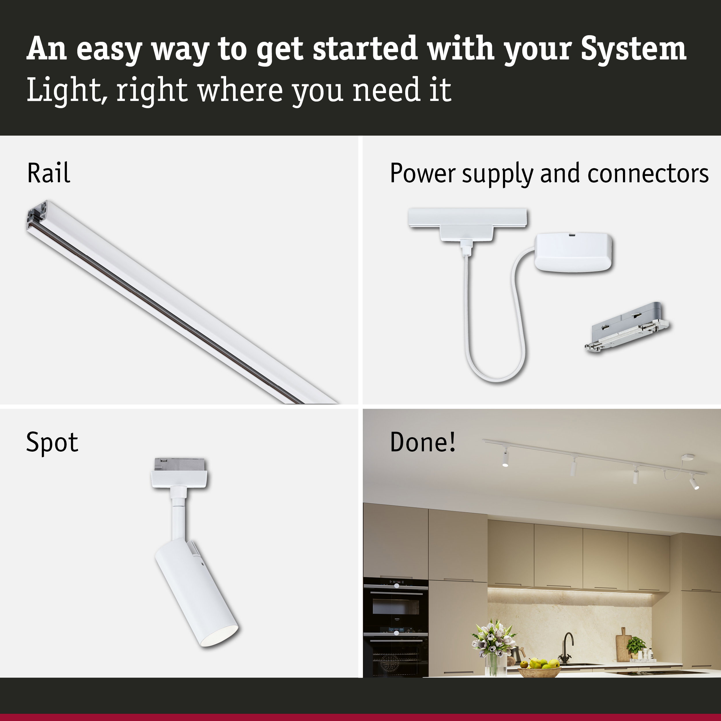 URail Rail spot Tubo Starter set 4x150lm 4x4W 3000K dimmable 230V Signal white