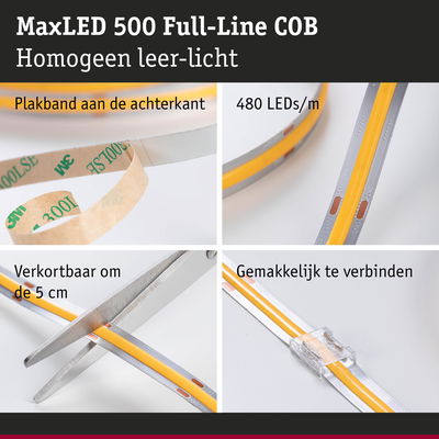 MaxLED 500 Full-Line COB LED-strip met 480 LEDs/m, plakband aan achterkant, om de 5 cm knipbaar, eenvoudig te verbinden