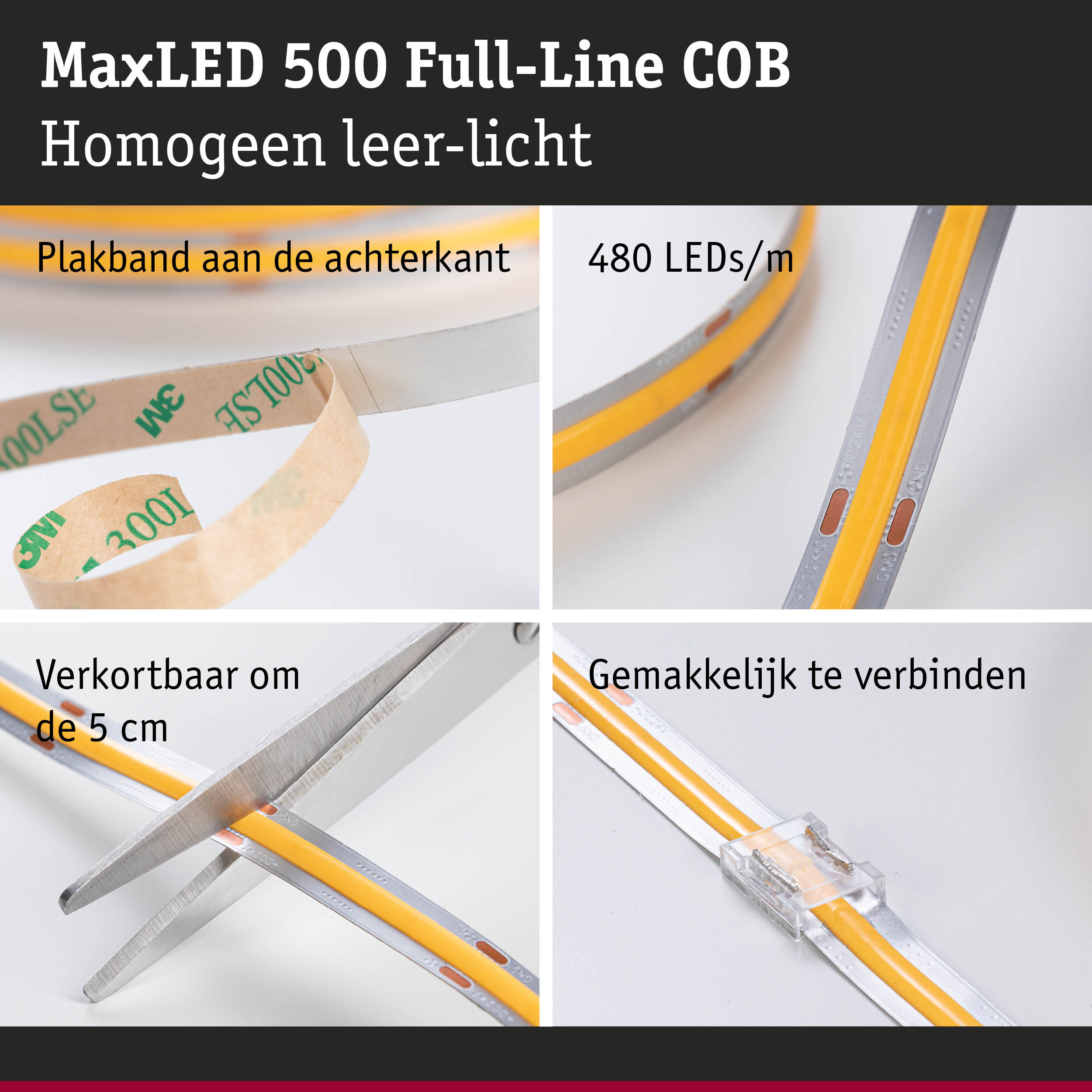MaxLED 500 COB LED-strip met 480 LEDs/m, zelfklevend en knipbaar voor flexibele verlichting