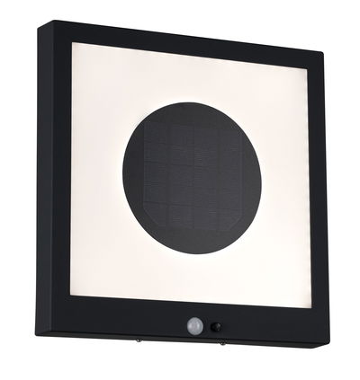 Black square solar wall light with motion sensor and white illuminated panel for outdoor lighting