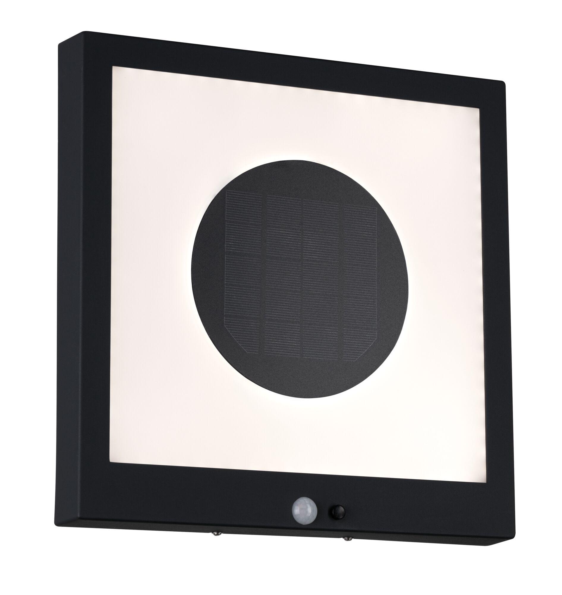 Black solar wall light with motion sensor and white illuminated panel for outdoor use