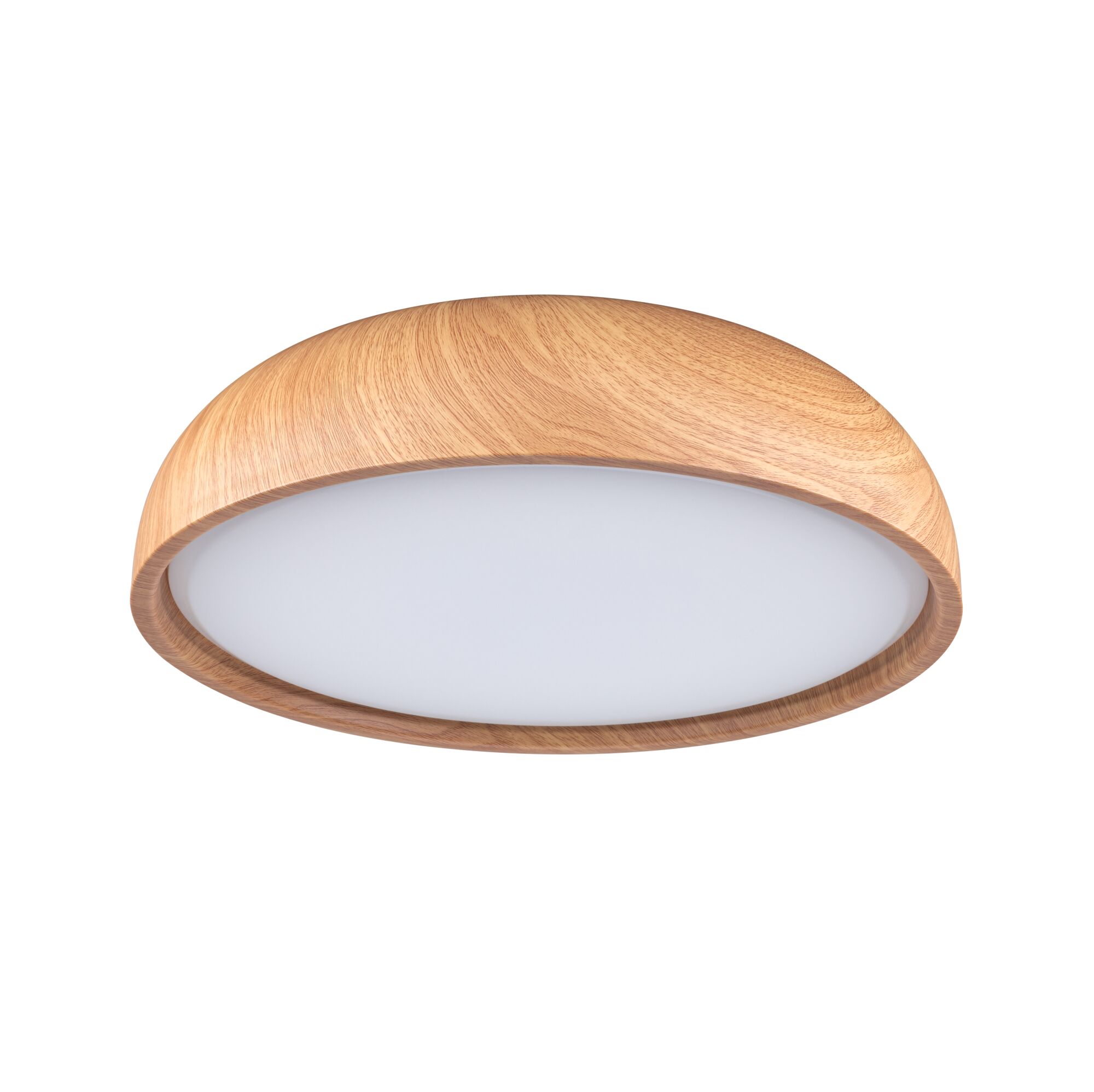 Round ceiling light with natural wood frame and white diffuser for ambient home lighting