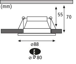 Technical drawing of recessed spotlight with 88 mm diameter and 70 mm installation depth