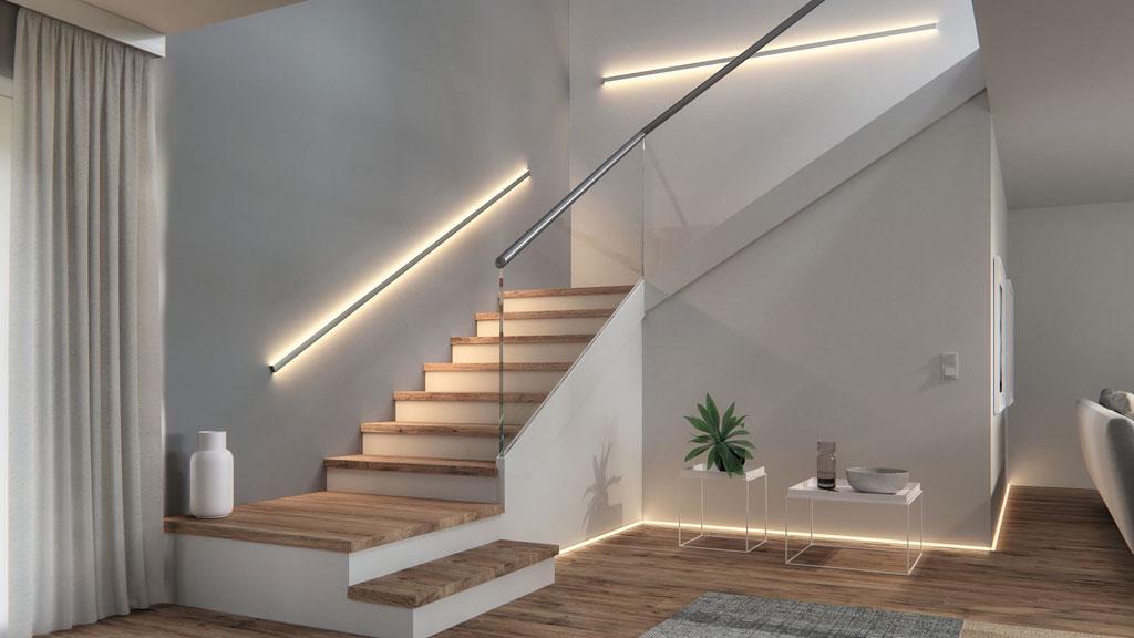 Modern staircase lighting with warm white LED strips on wooden steps and white walls for hallway design.