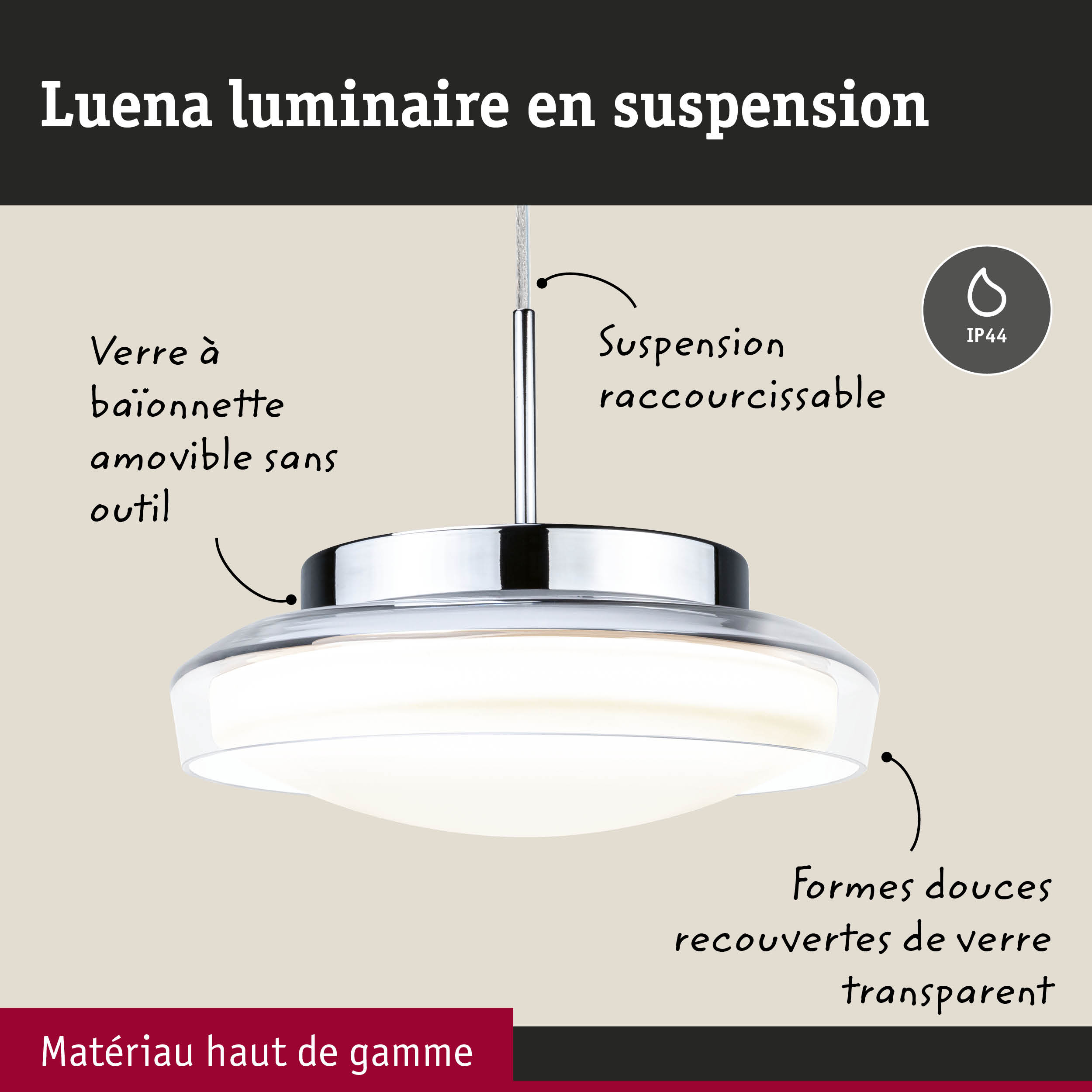 Luminaire suspendu Luena en métal haut de gamme et verre transparent avec indice de protection IP44