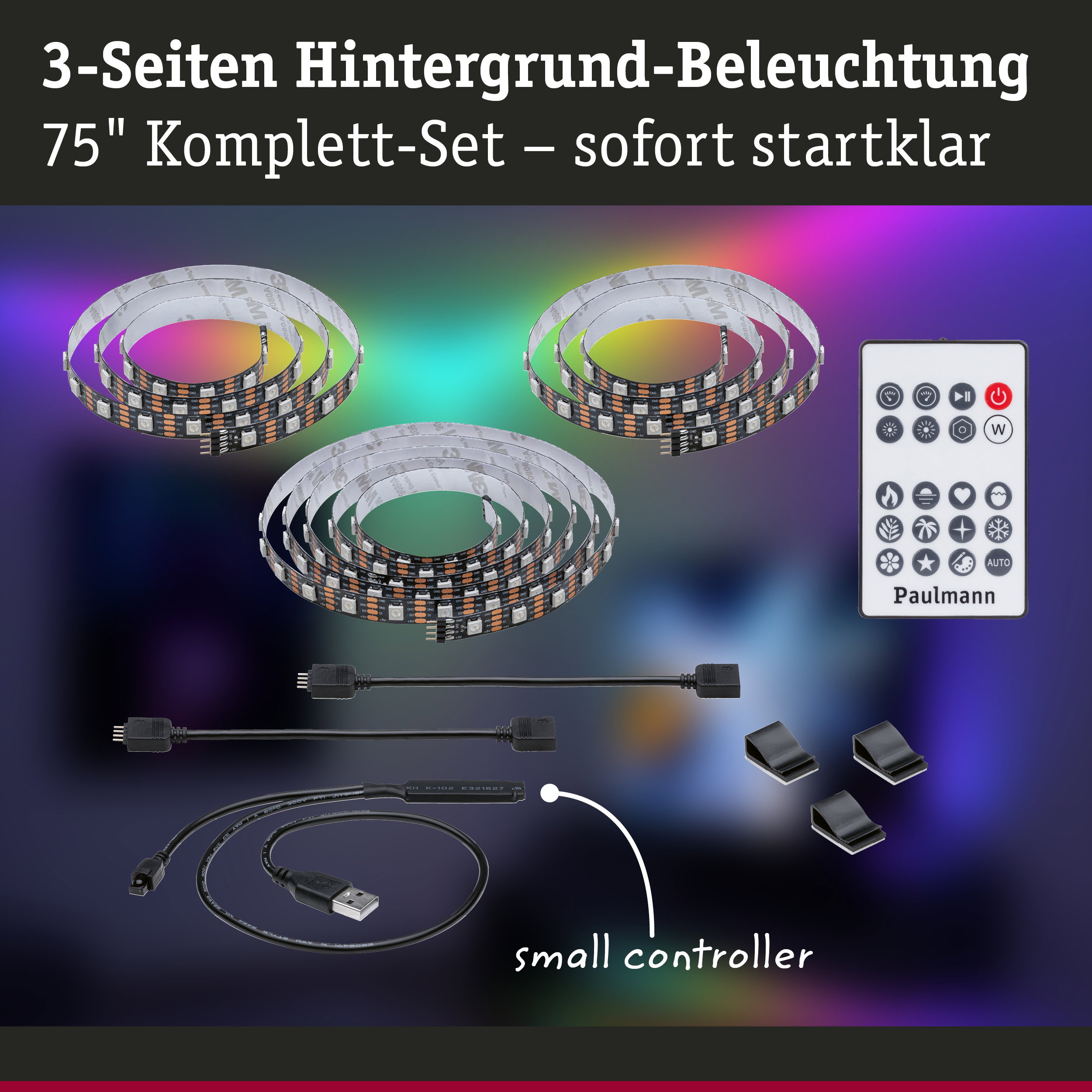 LED-Hintergrundbeleuchtung Komplett-Set mit 3 RGB-Streifen, Fernbedienung und USB-Kabel für 75 Zoll TV