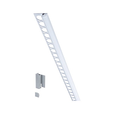 Profil LED en aluminium blanc avec clip de montage et embout pour bandes lumineuses modernes.