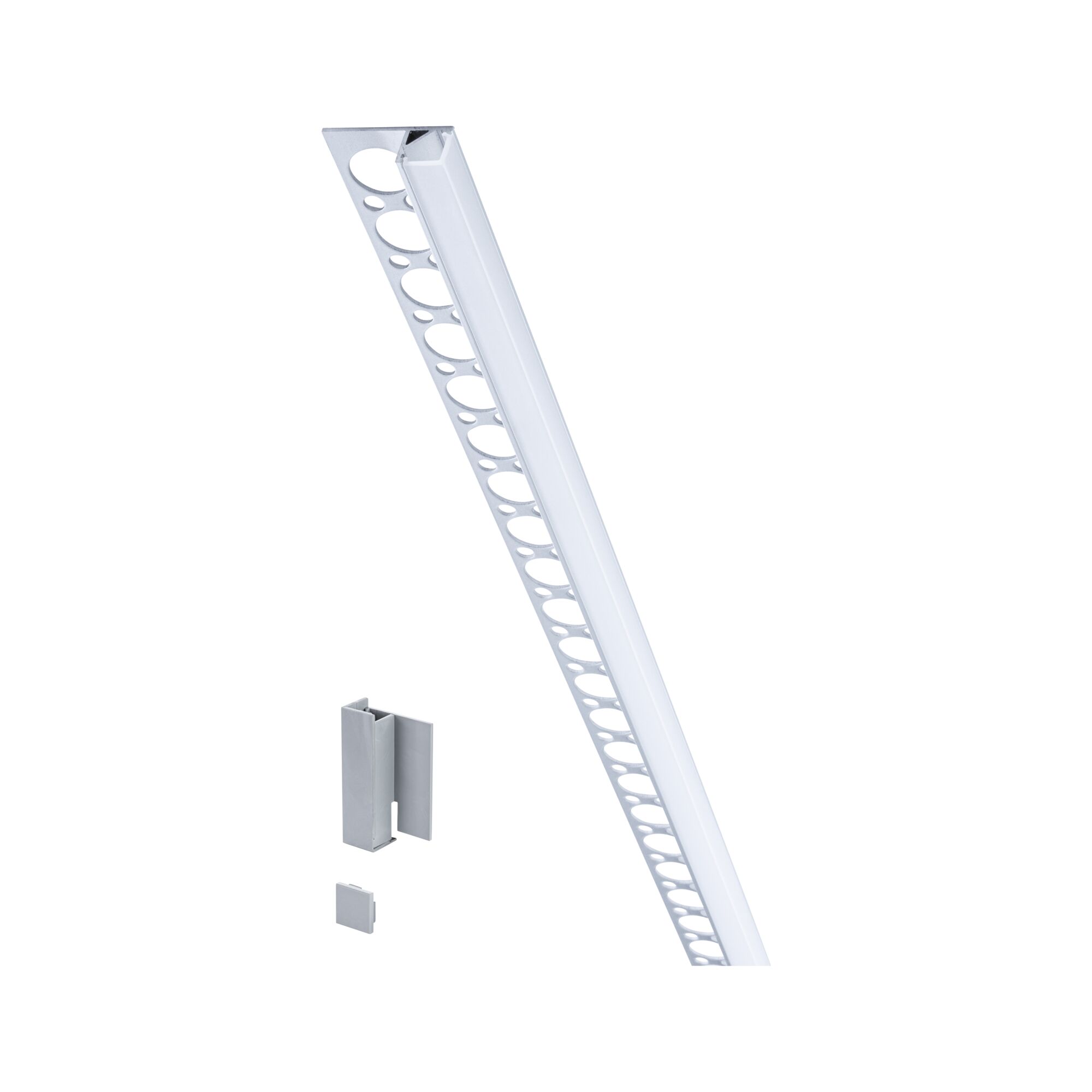 White aluminum LED profile with mounting clip and end cap for modern light strips.