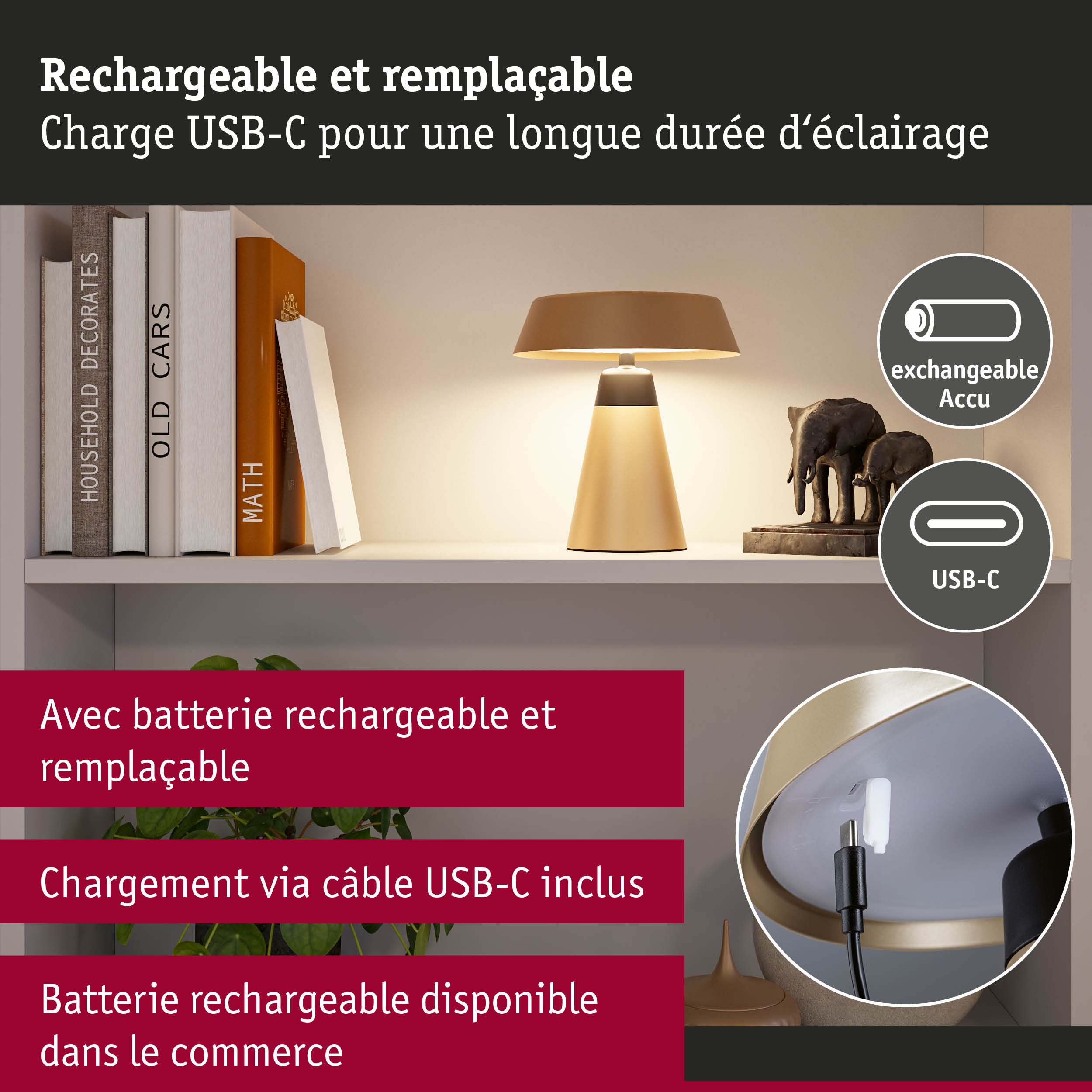 Lampe de table beige avec câble USB-C et batterie rechargeable pour un éclairage durable