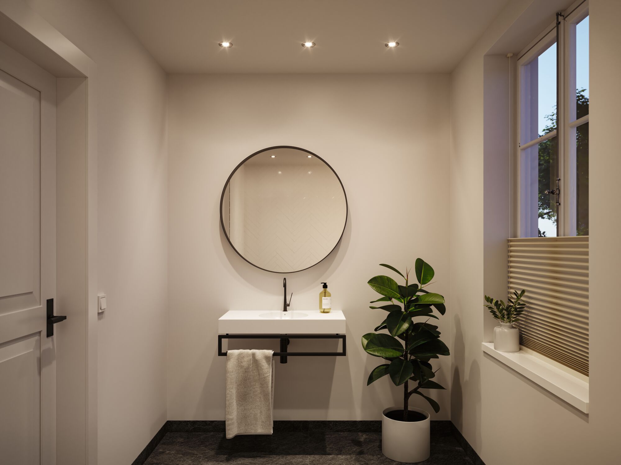 Moderne badkamer met ronde spiegel, witte wastafel met zwart metalen frame, plant en raam met jaloezieën