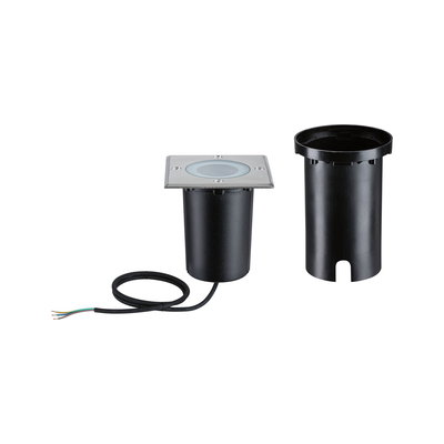 Square LED recessed spotlight with stainless steel frame and black plastic housing with cable