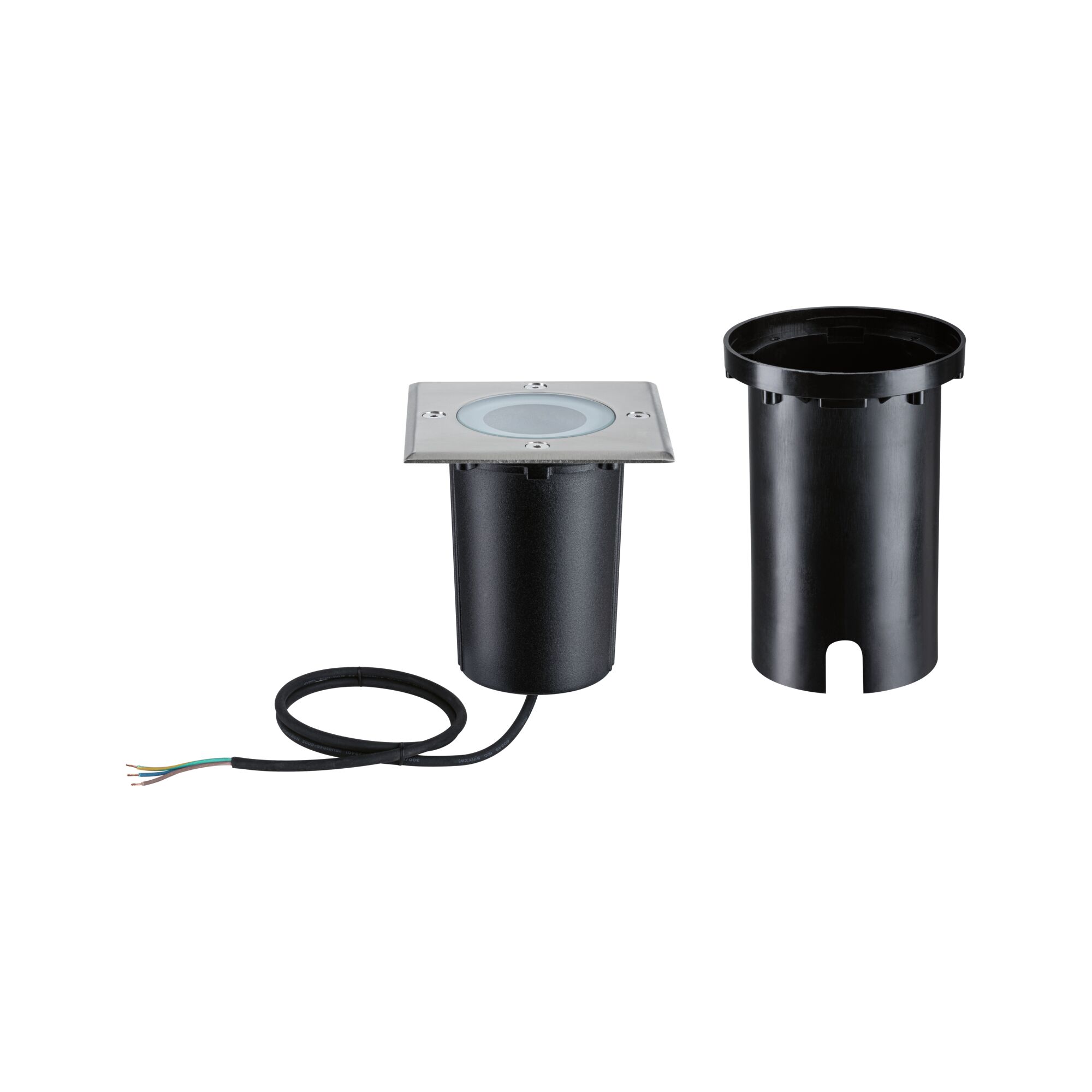 Vierkante LED inbouwspot met roestvrijstalen frame en zwarte kunststof behuizing met kabel