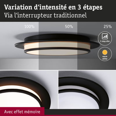 Plafonnier à cadre noir avec lumière blanc chaud dimmable en 3 étapes via interrupteur traditionnel
