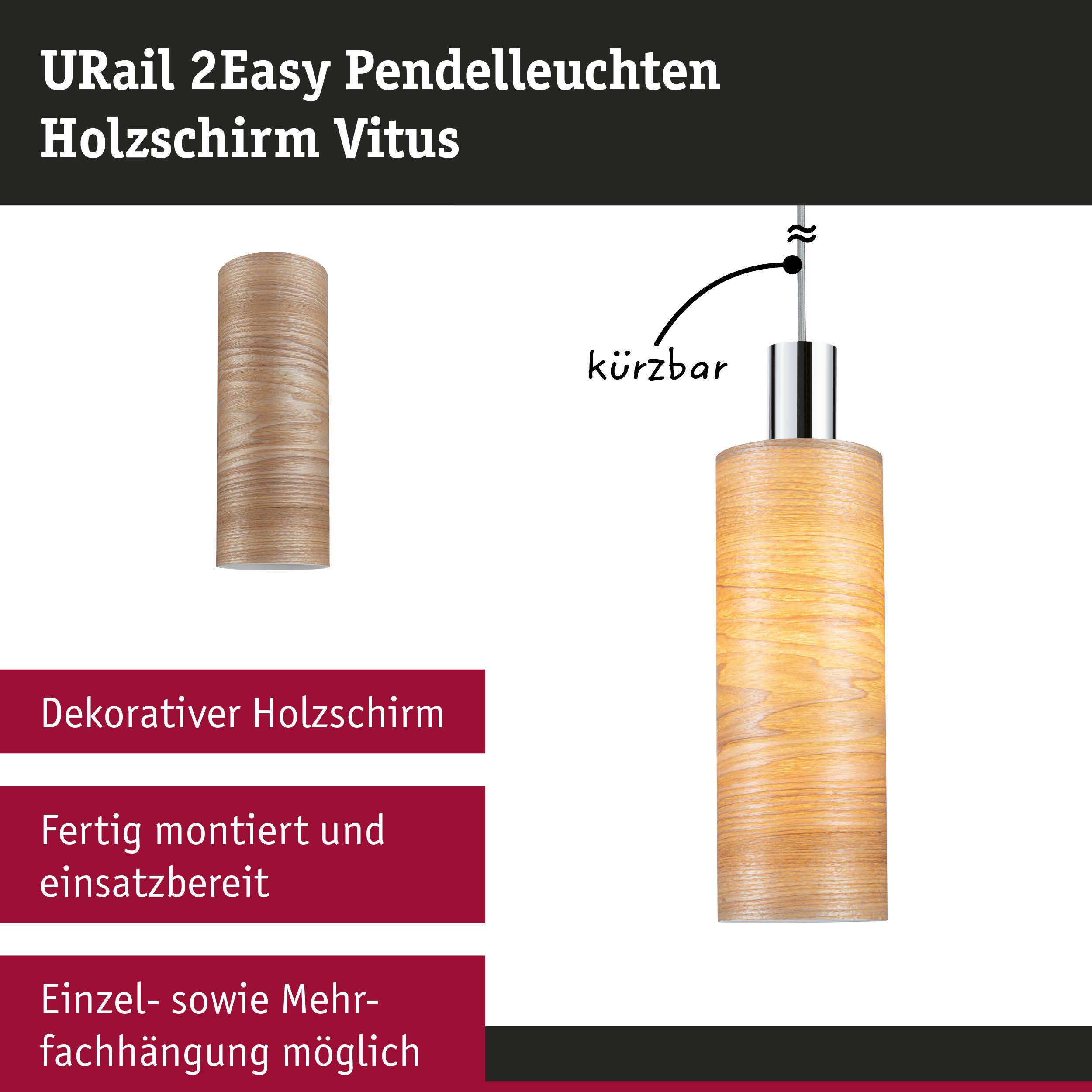 URail 2Easy Pendelleuchte mit dekorativem Holzschirm in Naturholzfarbe, kürzbar und montagefertig