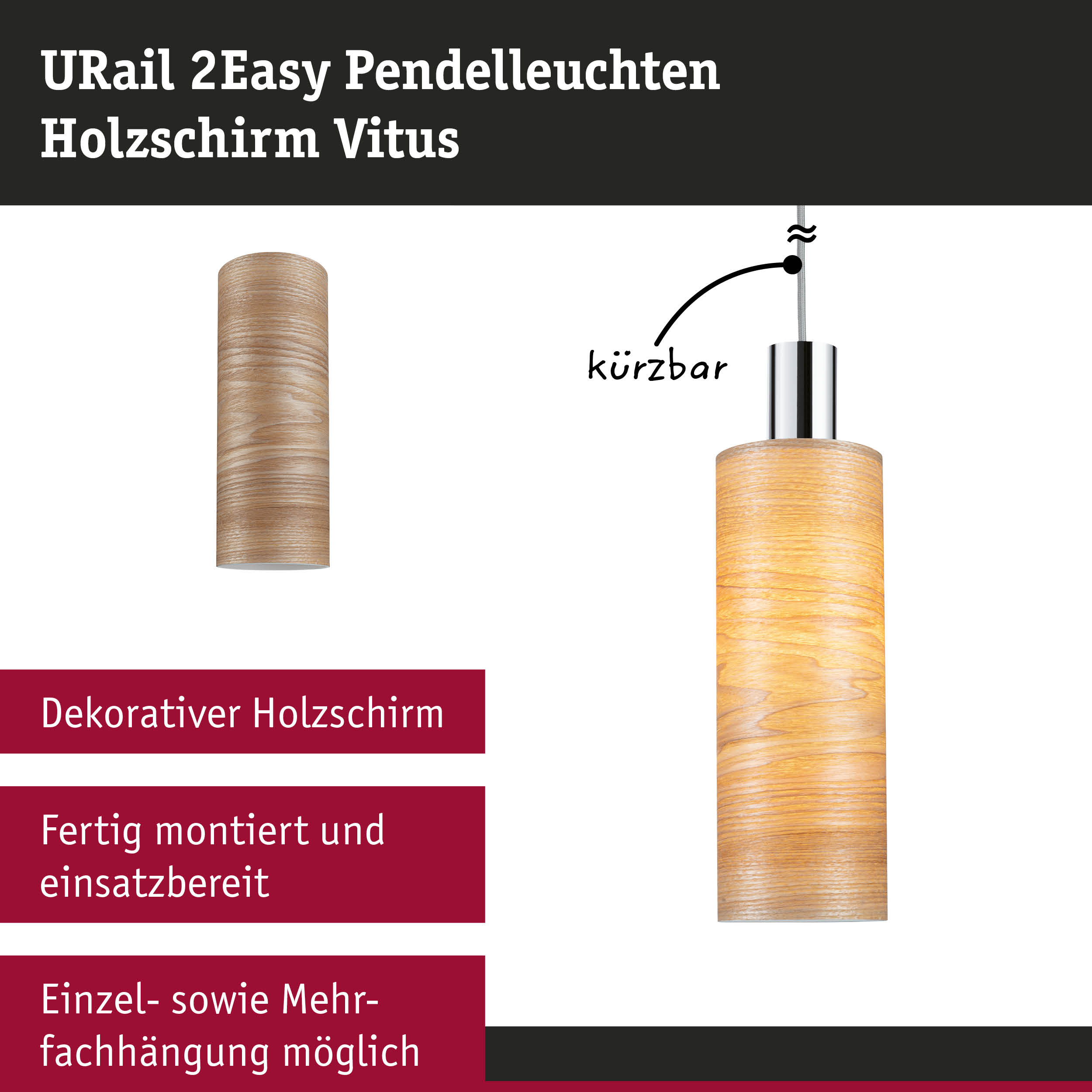 URail 2Easy Pendelleuchte mit dekorativem Holzschirm in hellem Holzton, dimmbar und fertig montiert