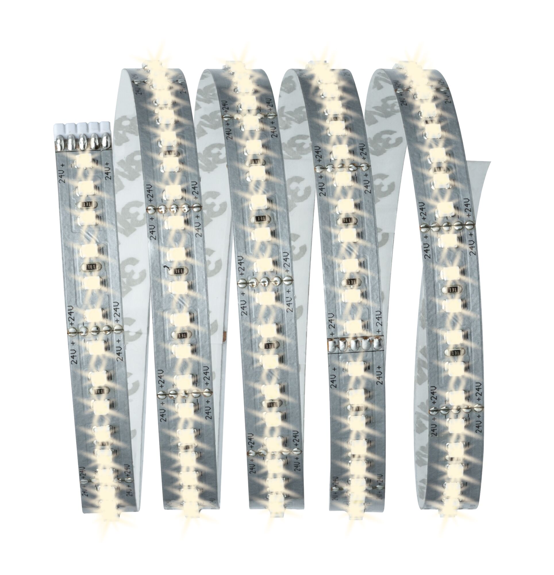 Flexibele LED-strip met warmwitte LEDs op zilveren printplaat voor veelzijdige verlichting.