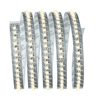 Flexible LED strip light with warm white LEDs on silver circuit board for versatile lighting use.