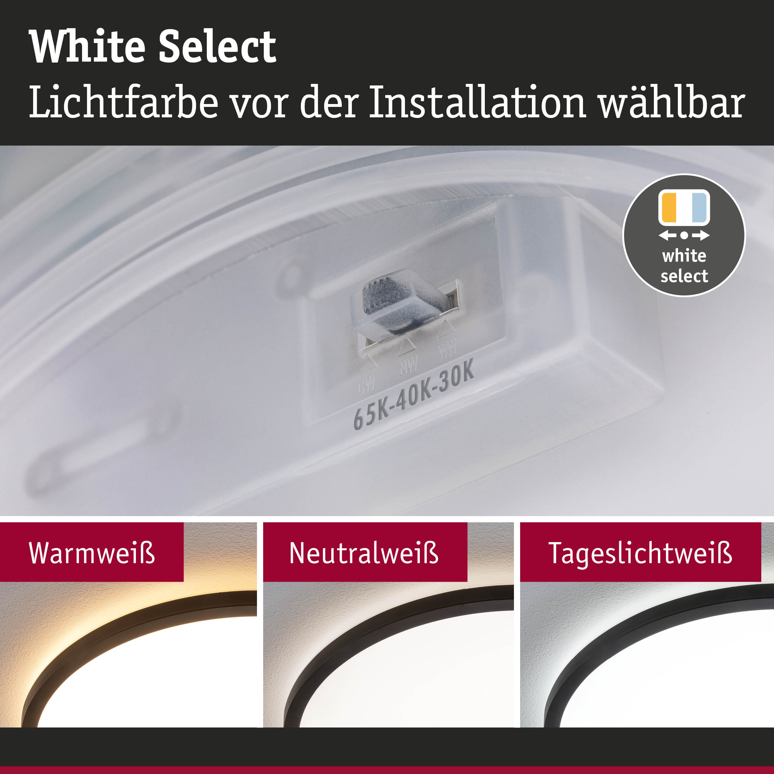 Weißer Lichtschalter mit einstellbarer Lichtfarbe vor Installation, zeigt Warmweiß, Neutralweiß, Tageslichtweiß