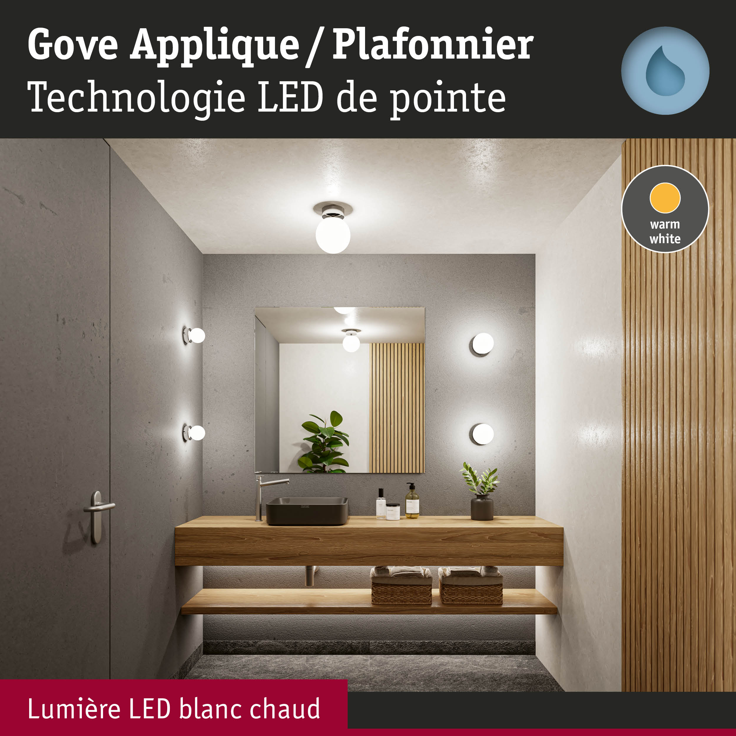 Applique et plafonnier LED Gove en blanc chaud pour salle de bain moderne avec bois et pierre
