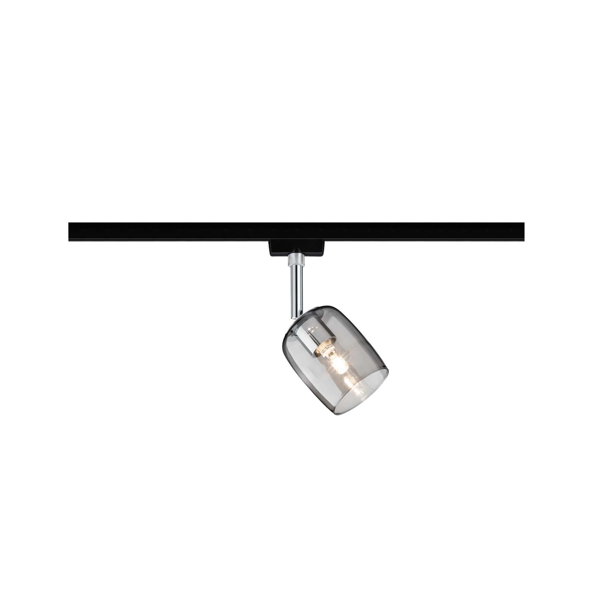 Modern black ceiling light with adjustable smoked glass spotlight and chrome rod for living spaces