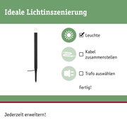 Schwarze LED-Gartenleuchte mit Erdspieß und weißem Leuchtkopf für flexible Außenbeleuchtung.