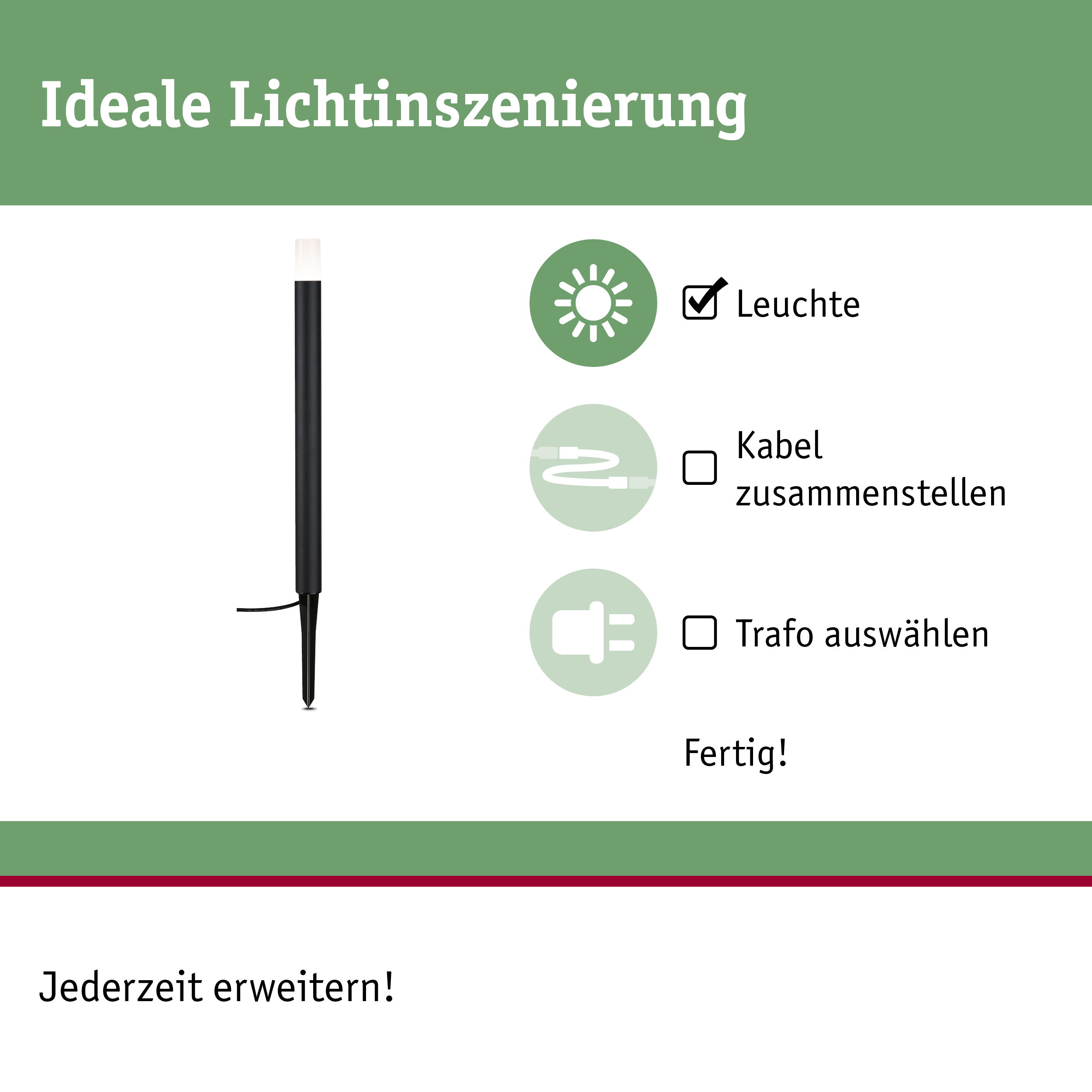 Schwarze LED-Gartenleuchte mit Erdspieß und weißem Leuchtkopf für flexible Außenbeleuchtung.