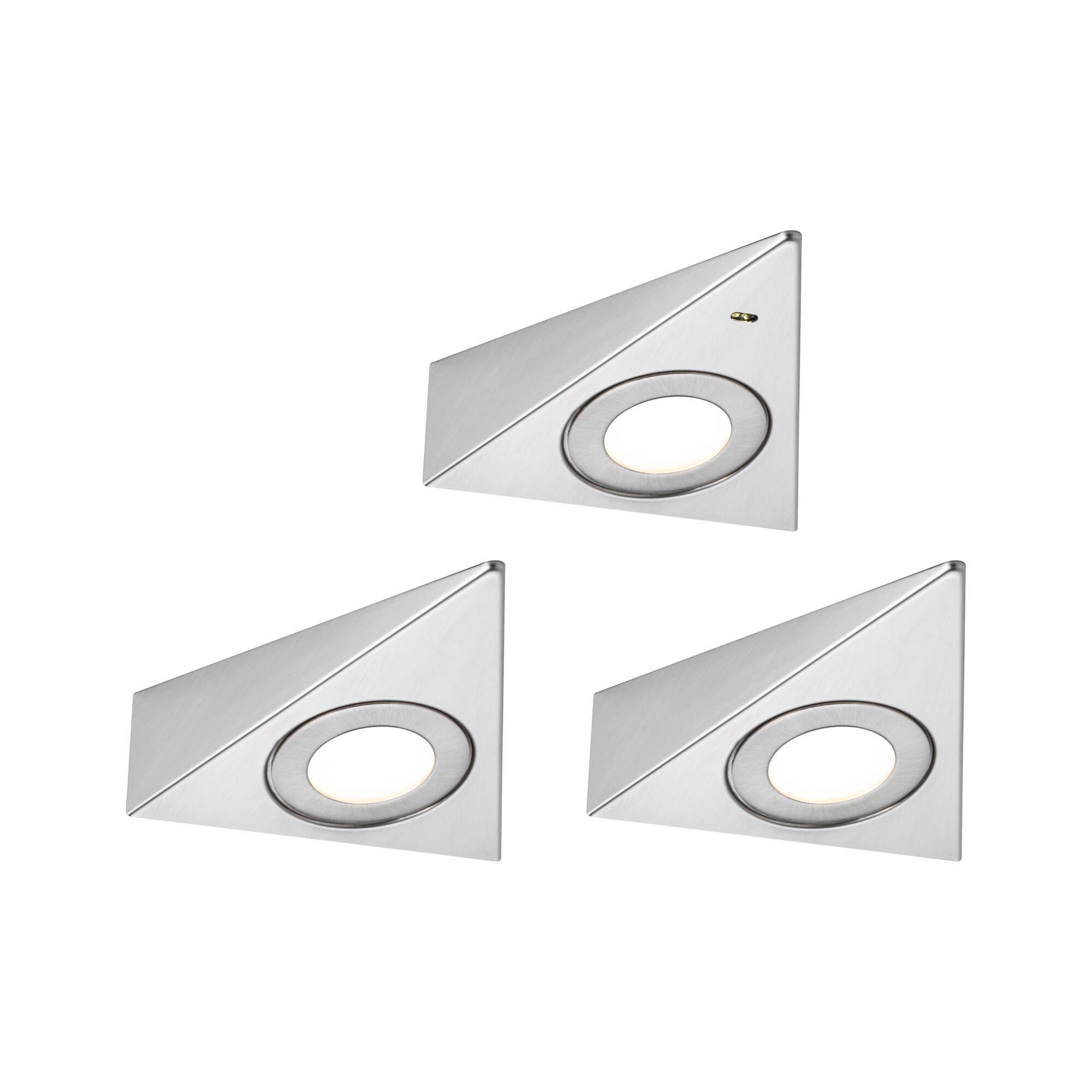 Three triangular brushed stainless steel LED recessed lights for modern accent lighting