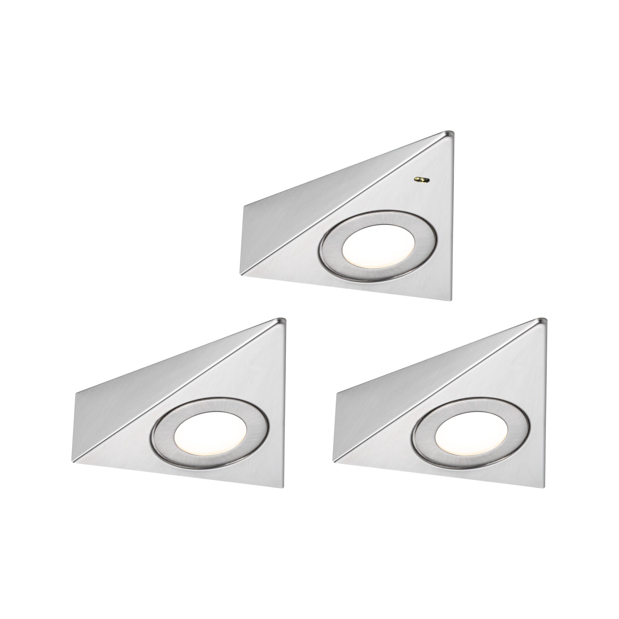 Three triangular brushed stainless steel LED recessed lights in silver for modern indoor lighting