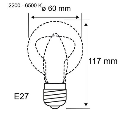 Technische Zeichnung einer E27 LED-Glühbirne mit 60 mm Durchmesser und 117 mm Höhe, Farbtemperatur 2200-6500 K