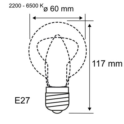 Schéma technique d'une ampoule LED E27 de 60 mm de diamètre et 117 mm de hauteur, température de couleur 2200-6500 K