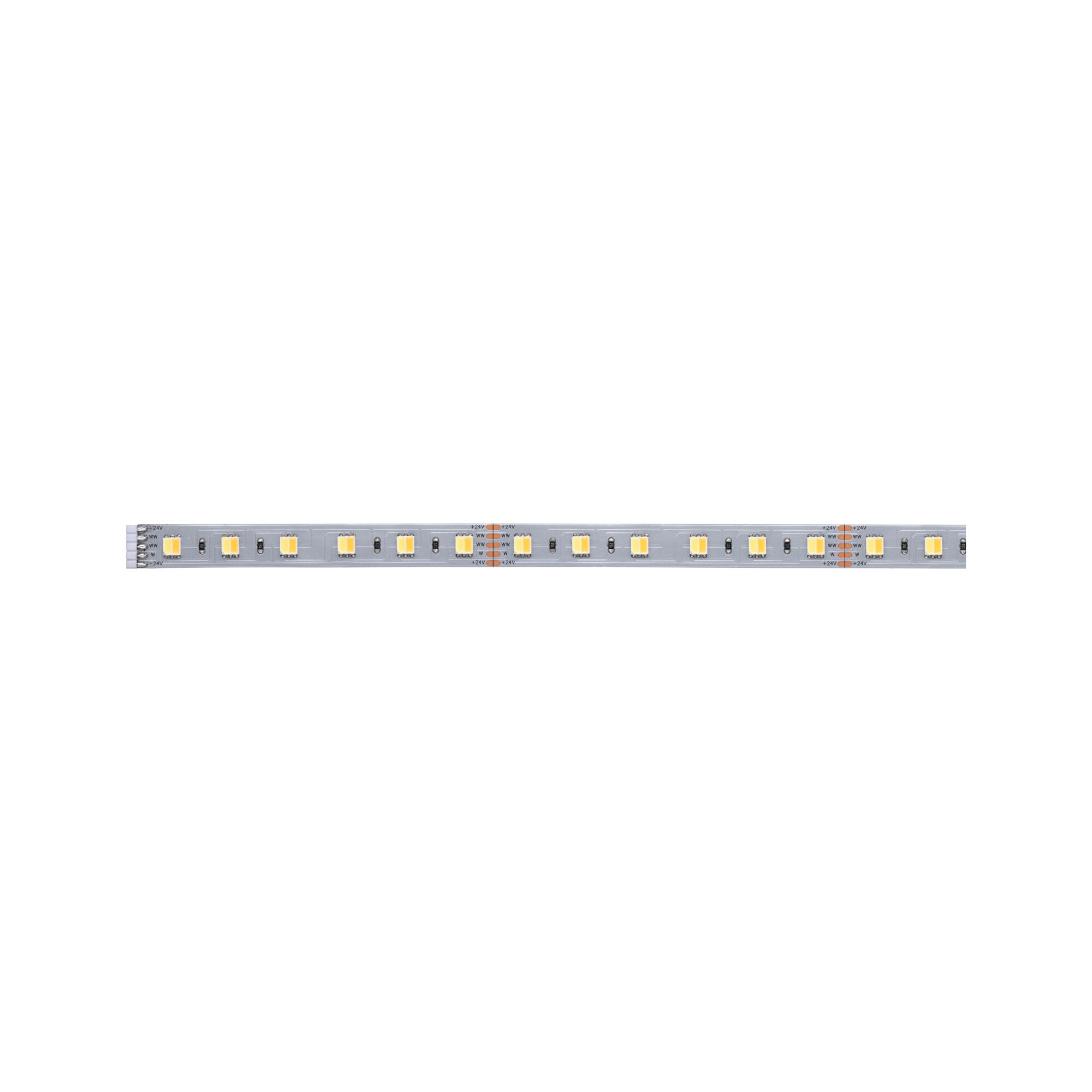 Flexible LED-Lichtleiste mit warmweißen LEDs auf silberner Platine für moderne Beleuchtung