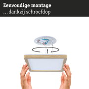 Montagehandleiding voor plafondlamp met schroefklemmen en houten frame in natuurlijke kleur