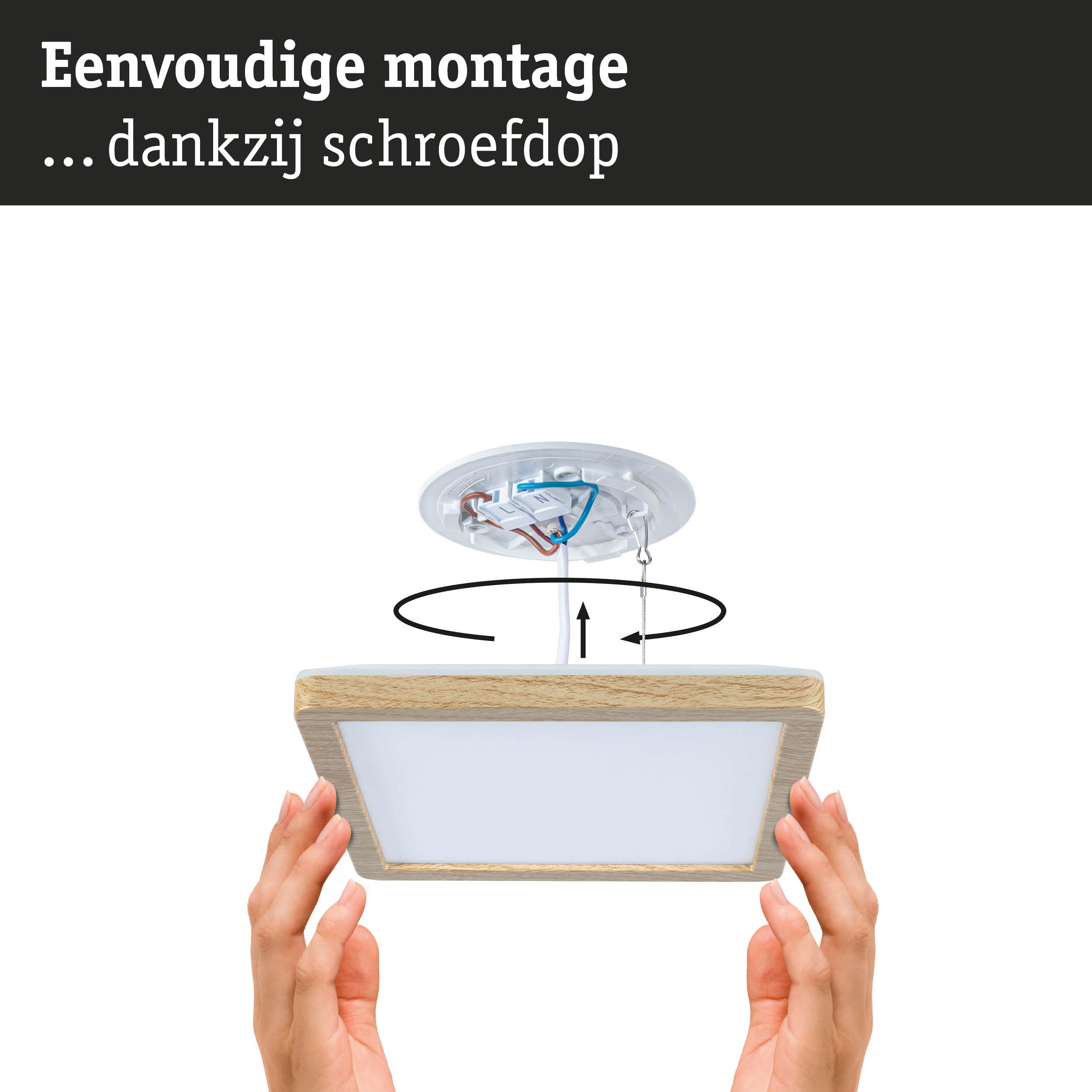 Montagehandleiding voor plafondlamp met schroefklemmen en houten frame in natuurlijke kleur