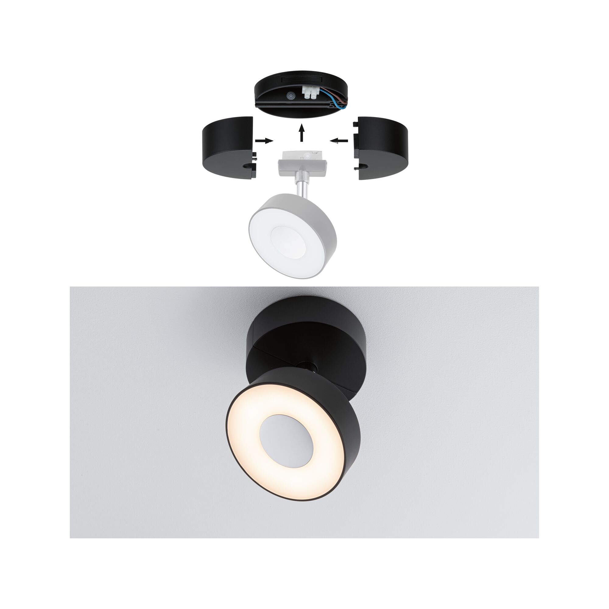 Modularer schwarzer LED-Deckenstrahler mit warmweißem Licht und abnehmbaren Seitenteilen zur Montage